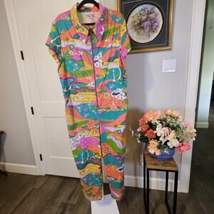 Blue Platypus Jumpsuit Colorful Maximist Sz L EUC Nature Farm Motif